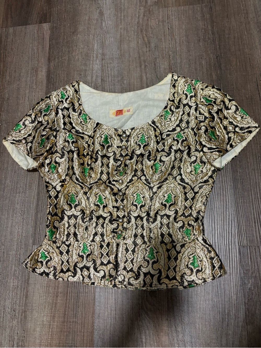 Vintage Short Sleeve Peplum Top - Green, Gold & Black - Picture 3 of 6